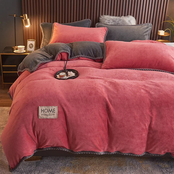 Velvet fleece duvet cover set in a rich burgundy color, perfect for adding warmth and a touch of luxury to bedding.