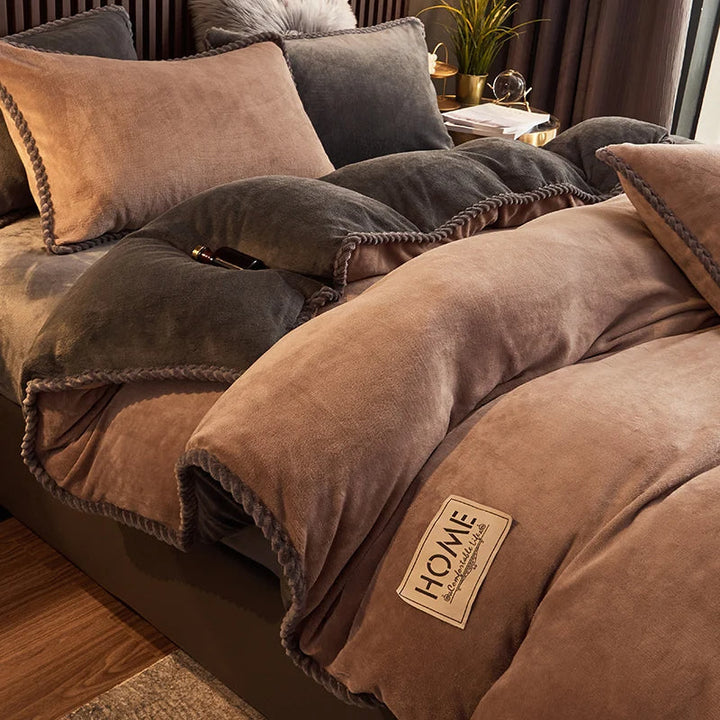 Packaging image of a velvet fleece duvet cover set, ready to bring cozy winter warmth to any bedroom.