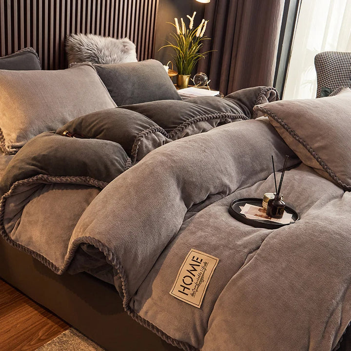 Elegant bedroom featuring a charcoal velvet fleece duvet cover set, adding winter warmth and sophistication.
