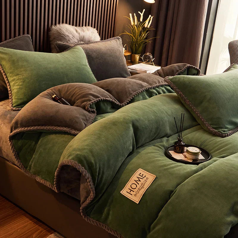 A cozy bed with a grey velvet fleece duvet cover set, ideal for snuggling up during cold winter nights.