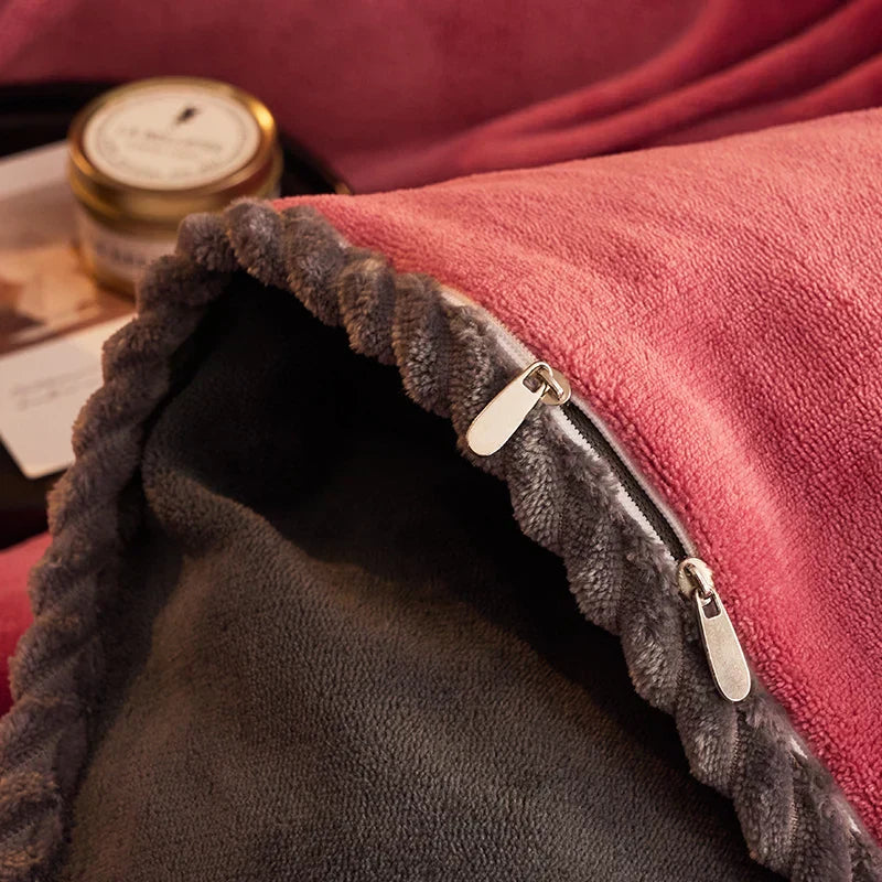 Luxurious blue velvet fleece duvet cover set draped over a bed, offering supreme softness and winter warmth.