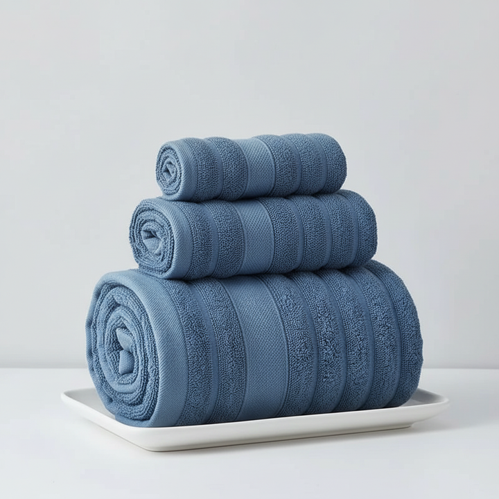 Close-up of a folded terry cotton towel from a unisex indulgent towel set, highlighting its softness and absorbency