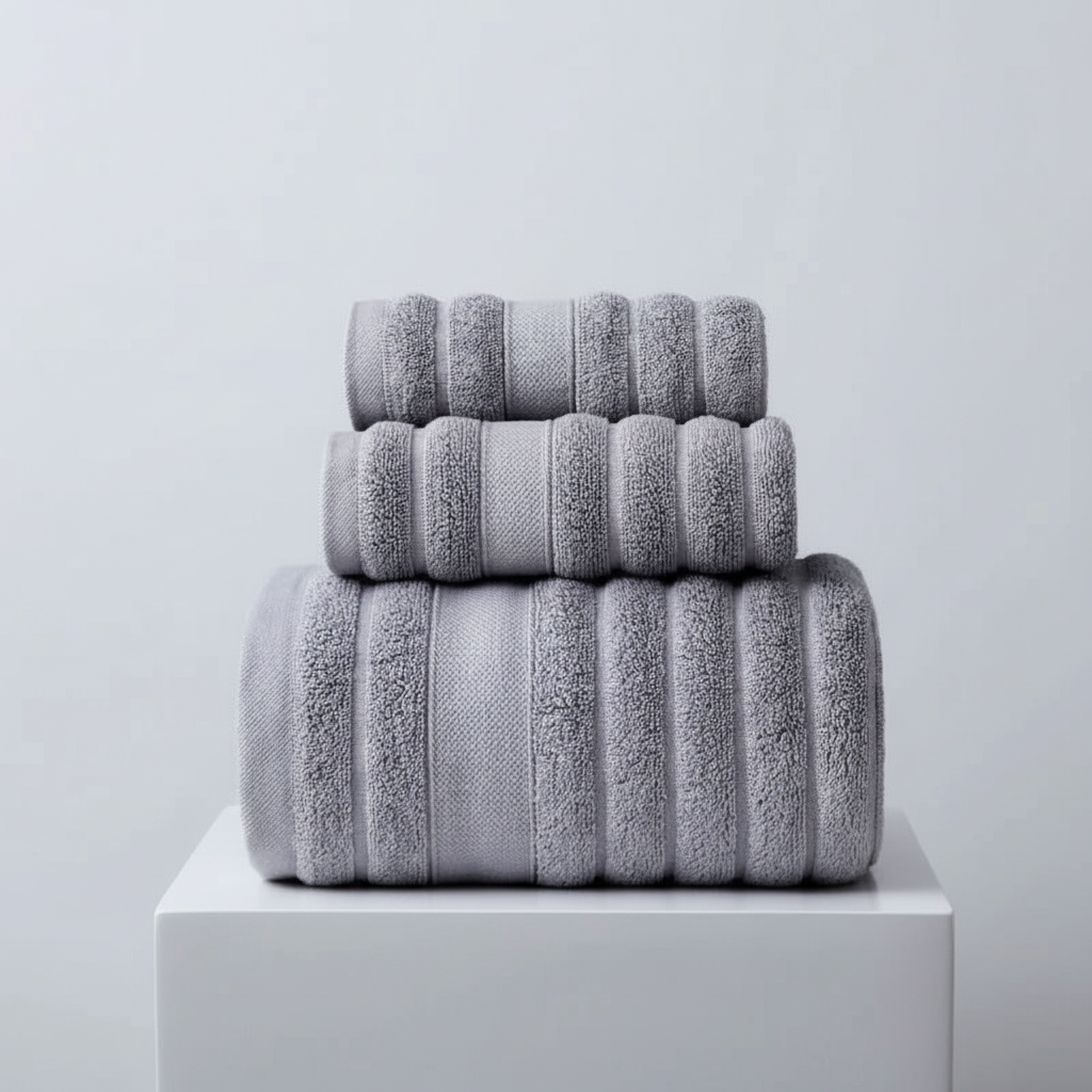 Detail of the woven texture of a pure cotton bath towel from an indulgent set, highlighting its high quality and absorbency