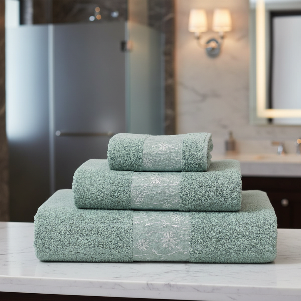 Plush white 3-piece cotton towel set, soft and luxurious, against a clean bathroom backdrop