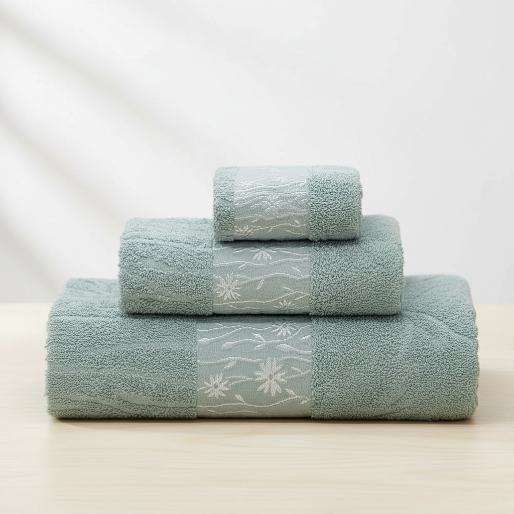 Close-up of a folded, absorbent white cotton bath towel from a 3-piece luxury set