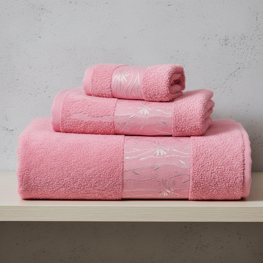 Stylish display of 3-piece white cotton towel set: bath, hand, and washcloth, for modern bathroom decor