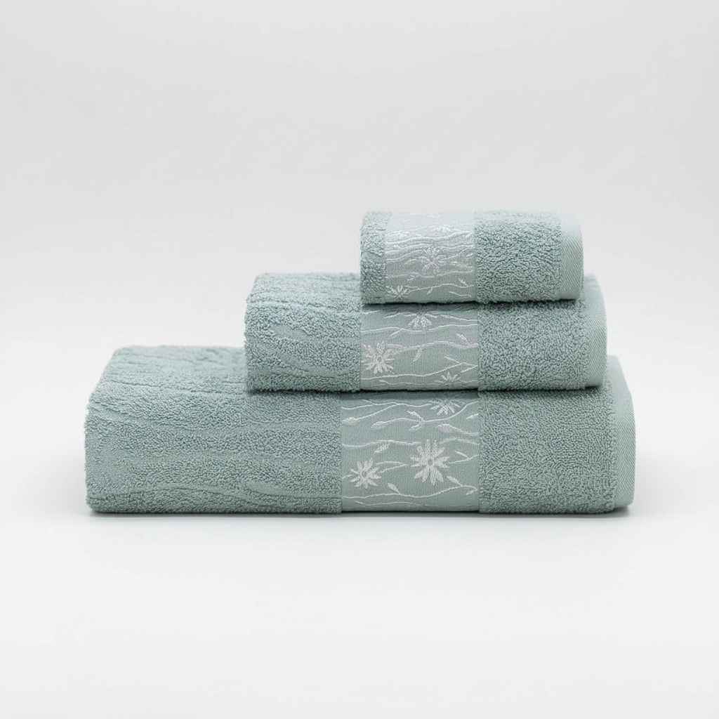 Elegant stack of a 3-piece white cotton towel set, featuring premium bath linen and home essentials