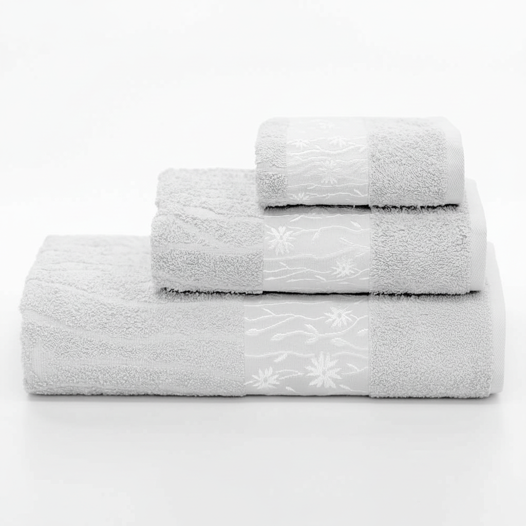 Full view of the complete 3-piece cotton towel set, including bath sheet, hand towel, and washcloth