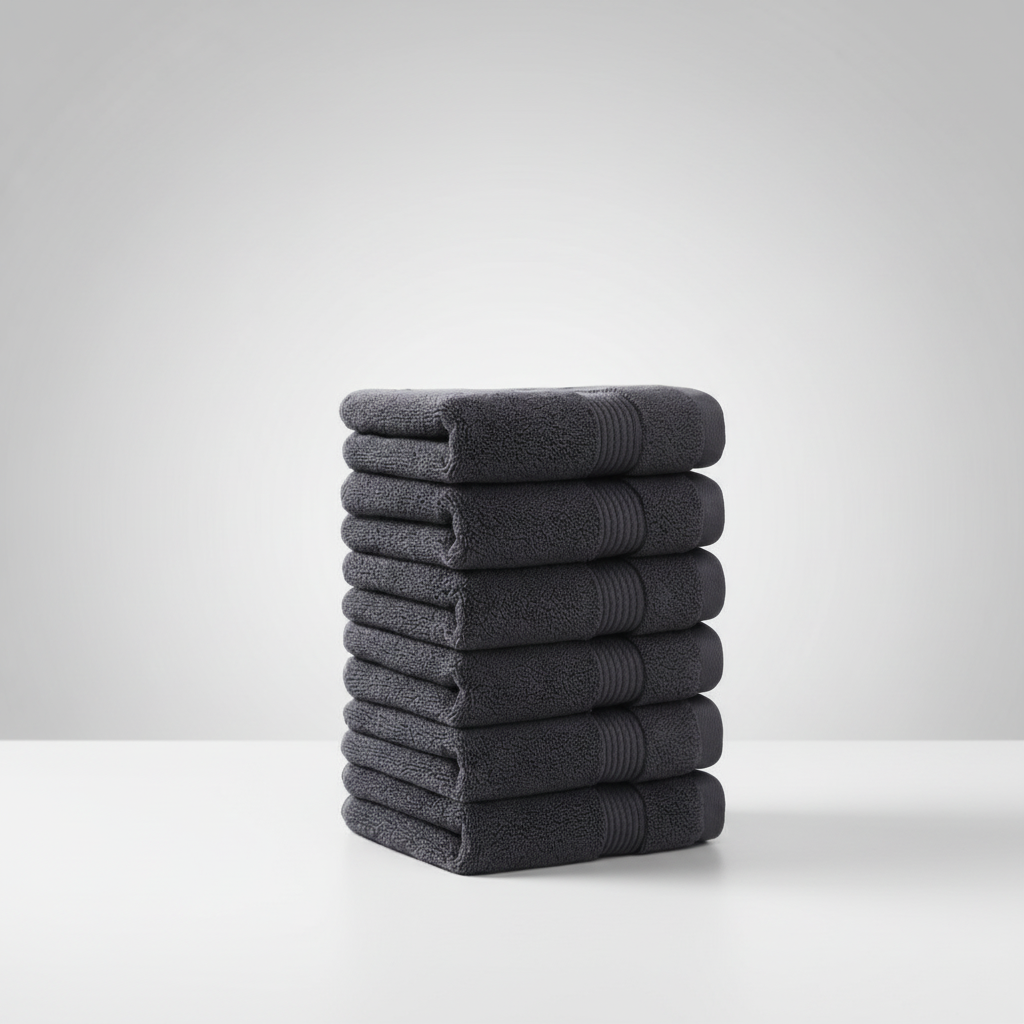 Complete view of a unisex 6-piece cotton towel set in a serene bathroom setting, showcasing quality bath linens