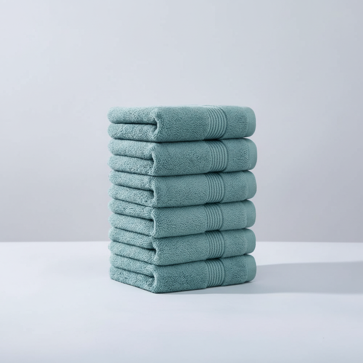Elegant beige 6-piece cotton towel set on a bathroom shelf, offering absorbent luxury and inviting home decor