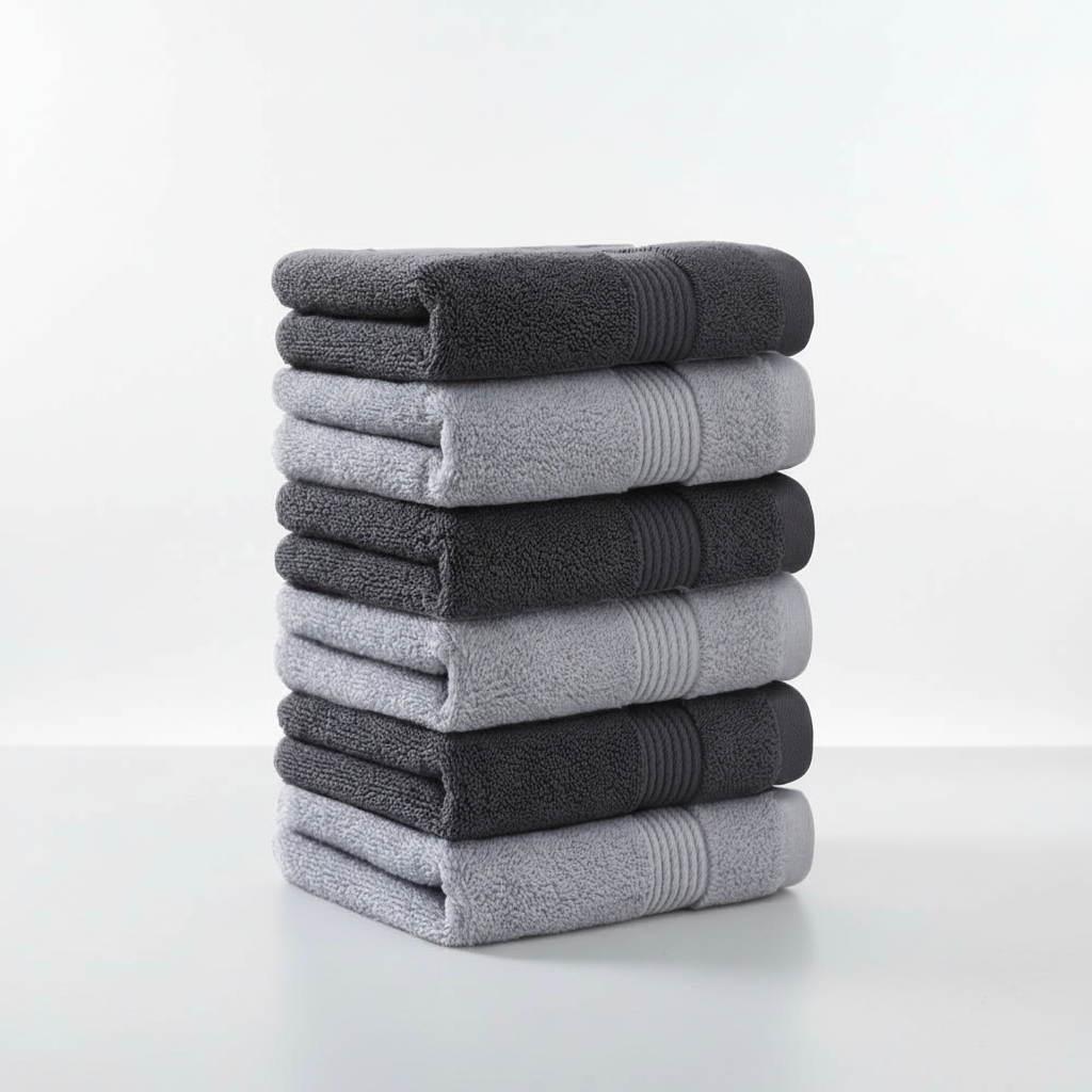 Stacked soft white hand towels and washcloths from the 6-piece cotton set, essential absorbent bathroom accessories