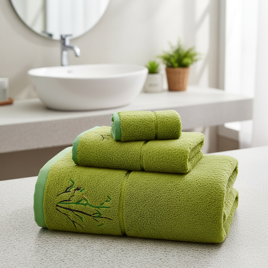 Plush white bamboo luxurious bath towel set, folded neatly, showcasing softness & absorbency, eco-friendly luxury bathroom textile.