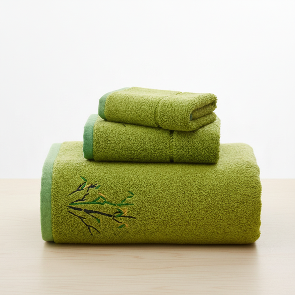 Close-up of a stack of fluffy bamboo bath, hand, and face towels in white, highlighting the soft texture & absorbent loops.