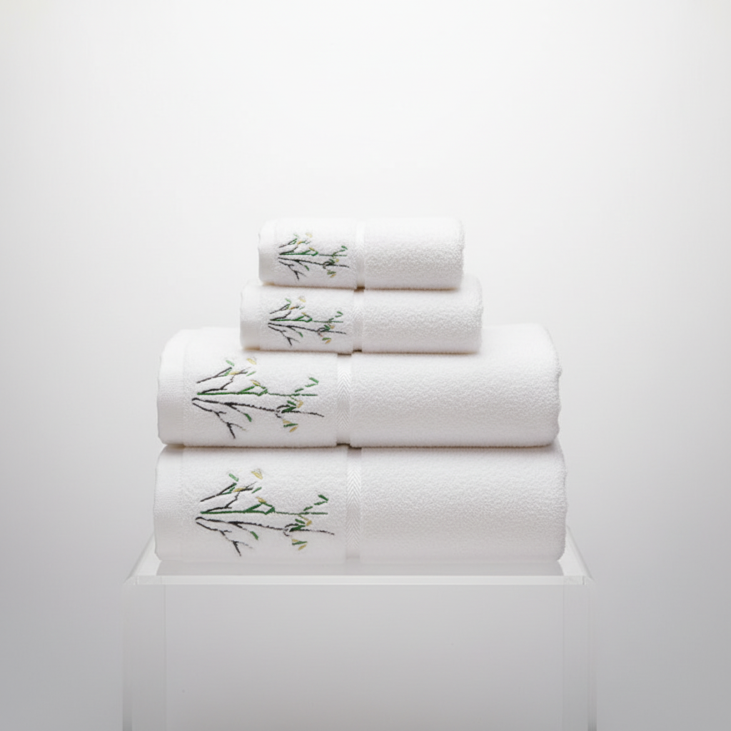 Arrangement of a complete white bamboo towel set: bath, hand, and face towels, ready for a luxurious bathroom experience.