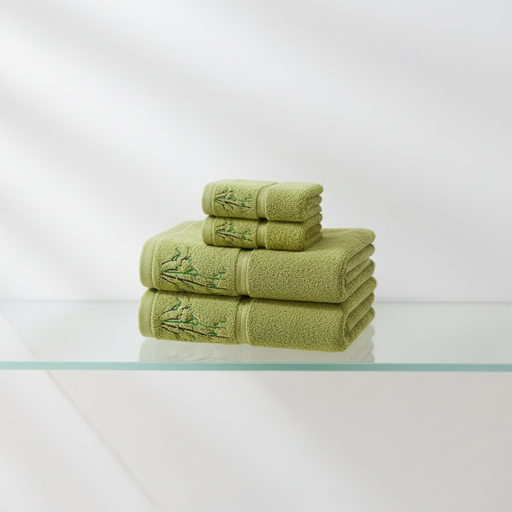 Soft, absorbent, eco-friendly bamboo bath towel set, folded and tied with a ribbon, perfect for a luxury bathroom gift.