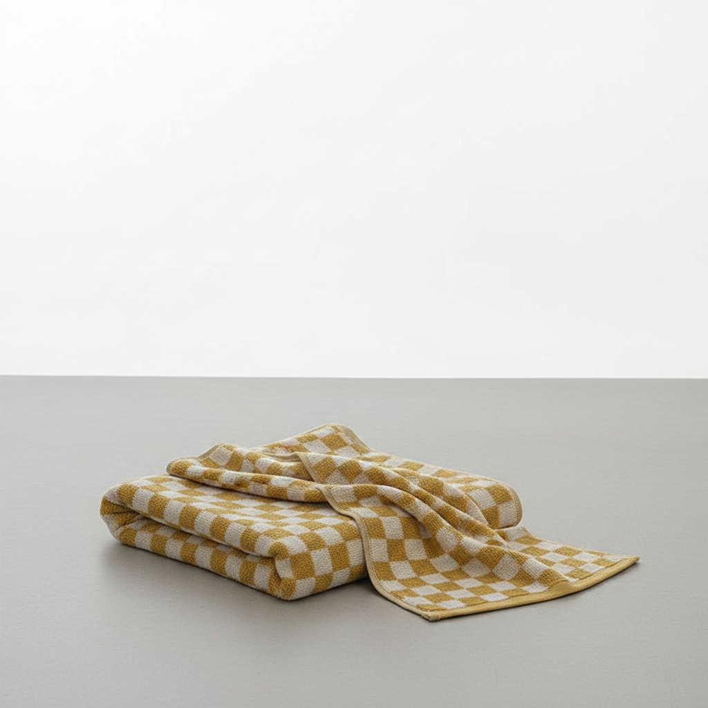 Light gray cotton bath towel draped over a rack, showcasing its generous size and premium quality.