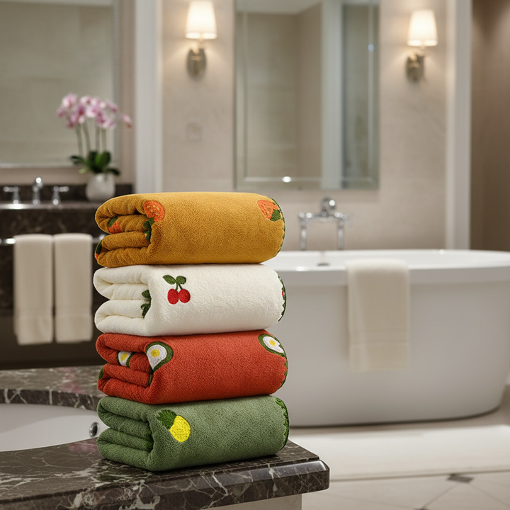 Plush white luxury bath towel with vibrant fruit embroidery, perfect for absorbent bathroom decor.
