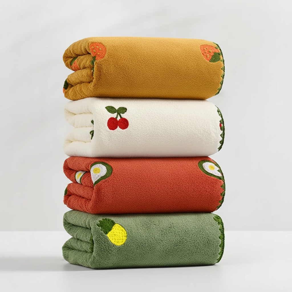 Closeup of soft, quick-dry bath towel featuring intricate fruit embroidery, a luxury bathroom essential.