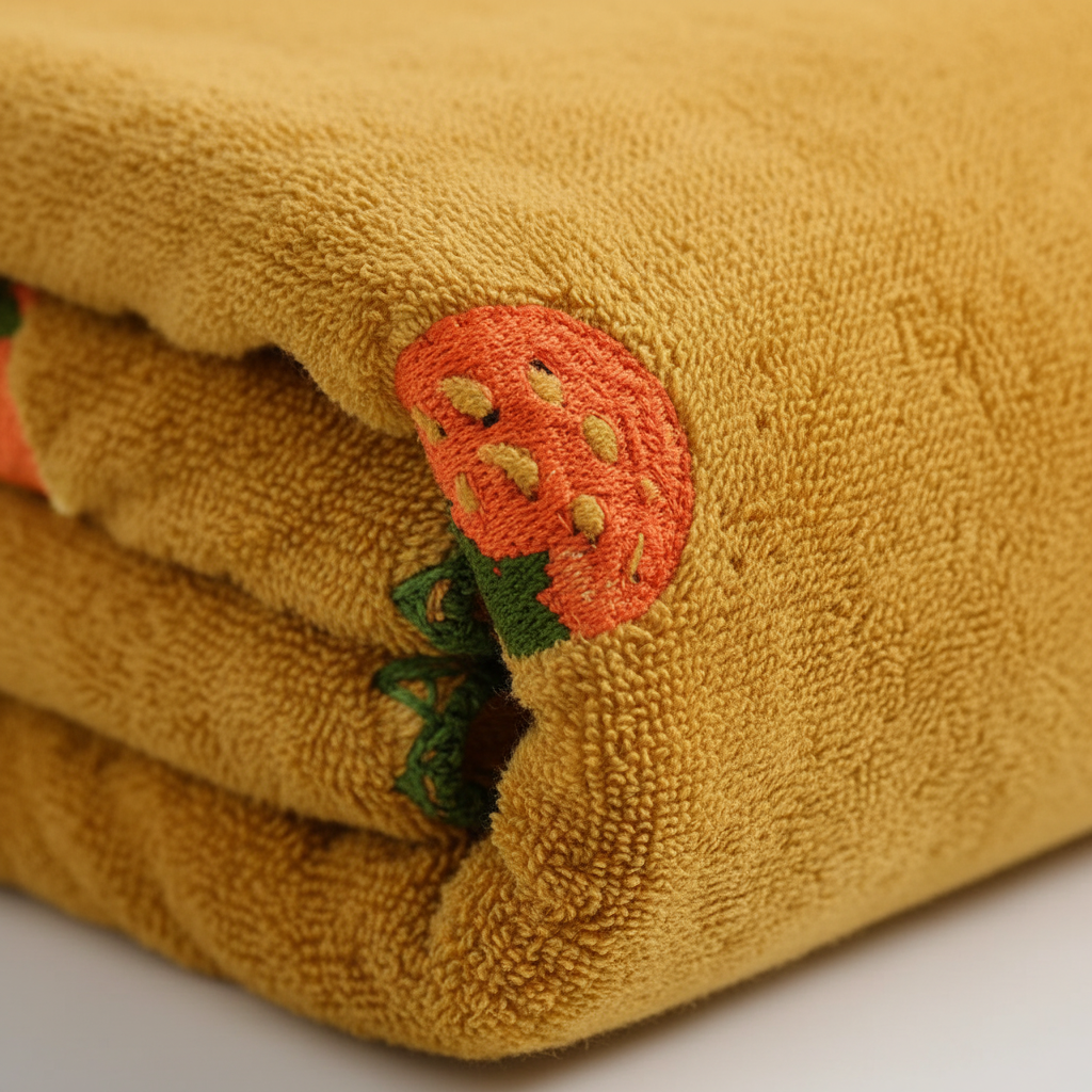Folded absorbent hand towel with elegant fruit design, ideal for a refined bathroom aesthetic.