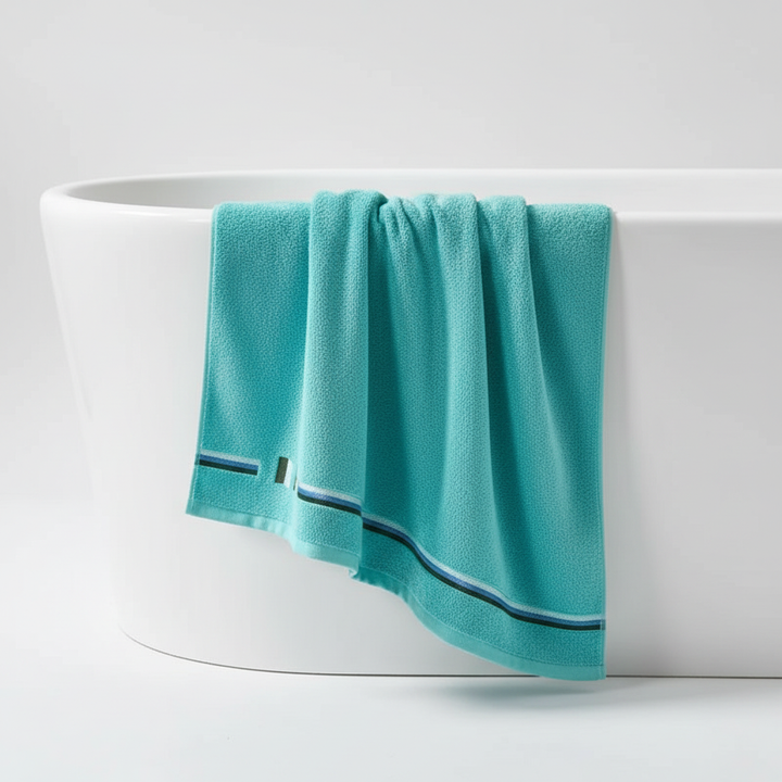 Two-piece cotton towel set, elegantly folded on a bathroom shelf, adding a touch of luxury home decor.