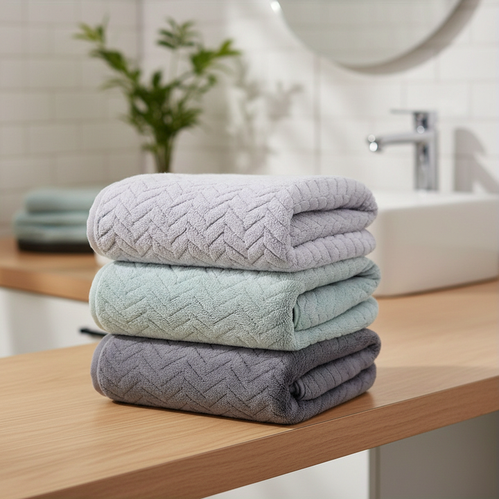 Plush white microfiber bath towel set, quick-dry & soft, for a luxurious home spa experience. Unisex.