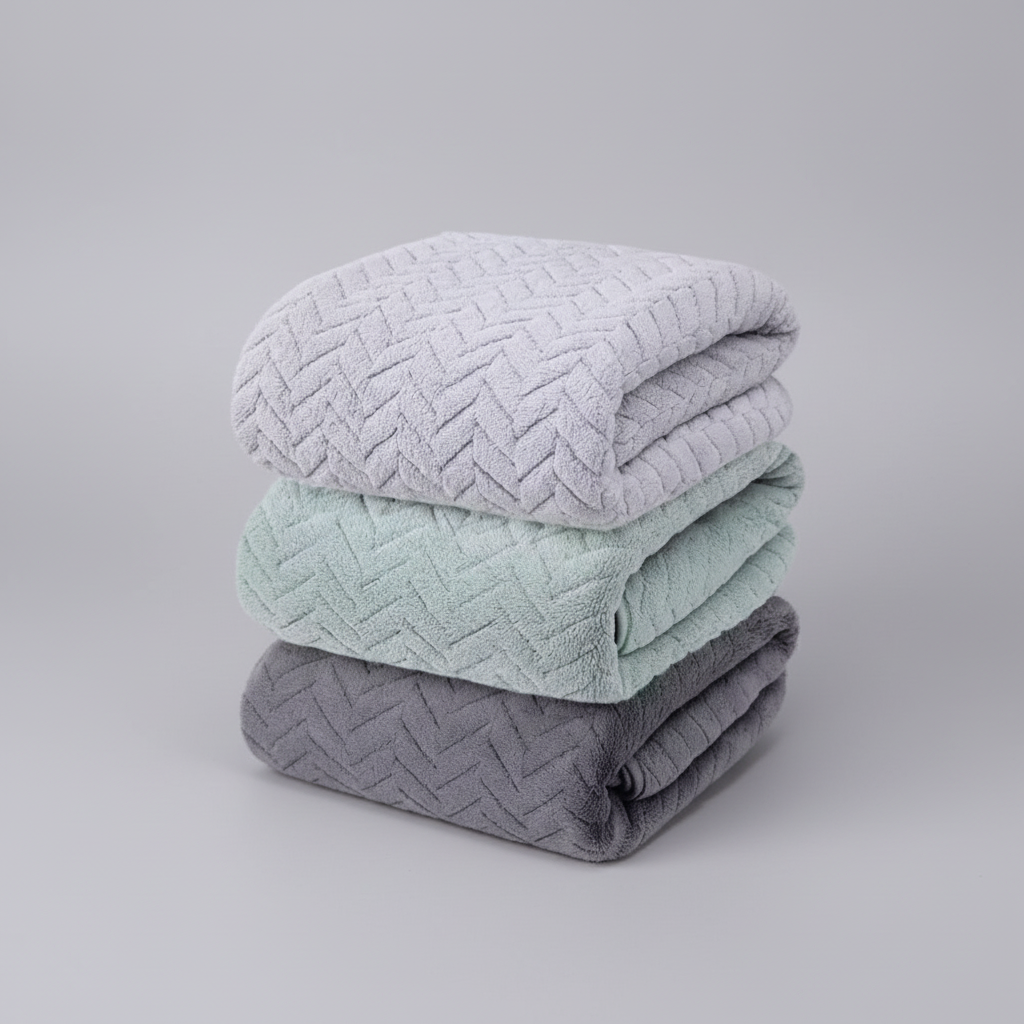 Folded gray unisex microfiber bath towels, absorbent & easy care, perfect for a modern bathroom.