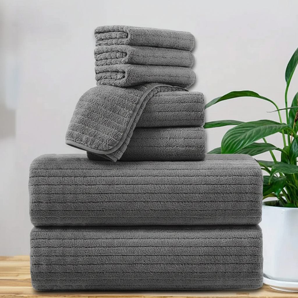 Folded quick-dry terry bath towels in a set, soft and highly absorbent bath linen.