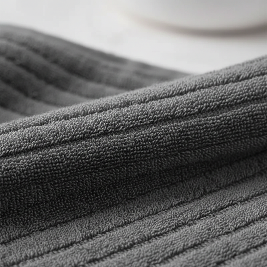 Close-up of fluffy terry cloth texture from a quick-dry bath towel set, soft and absorbent.