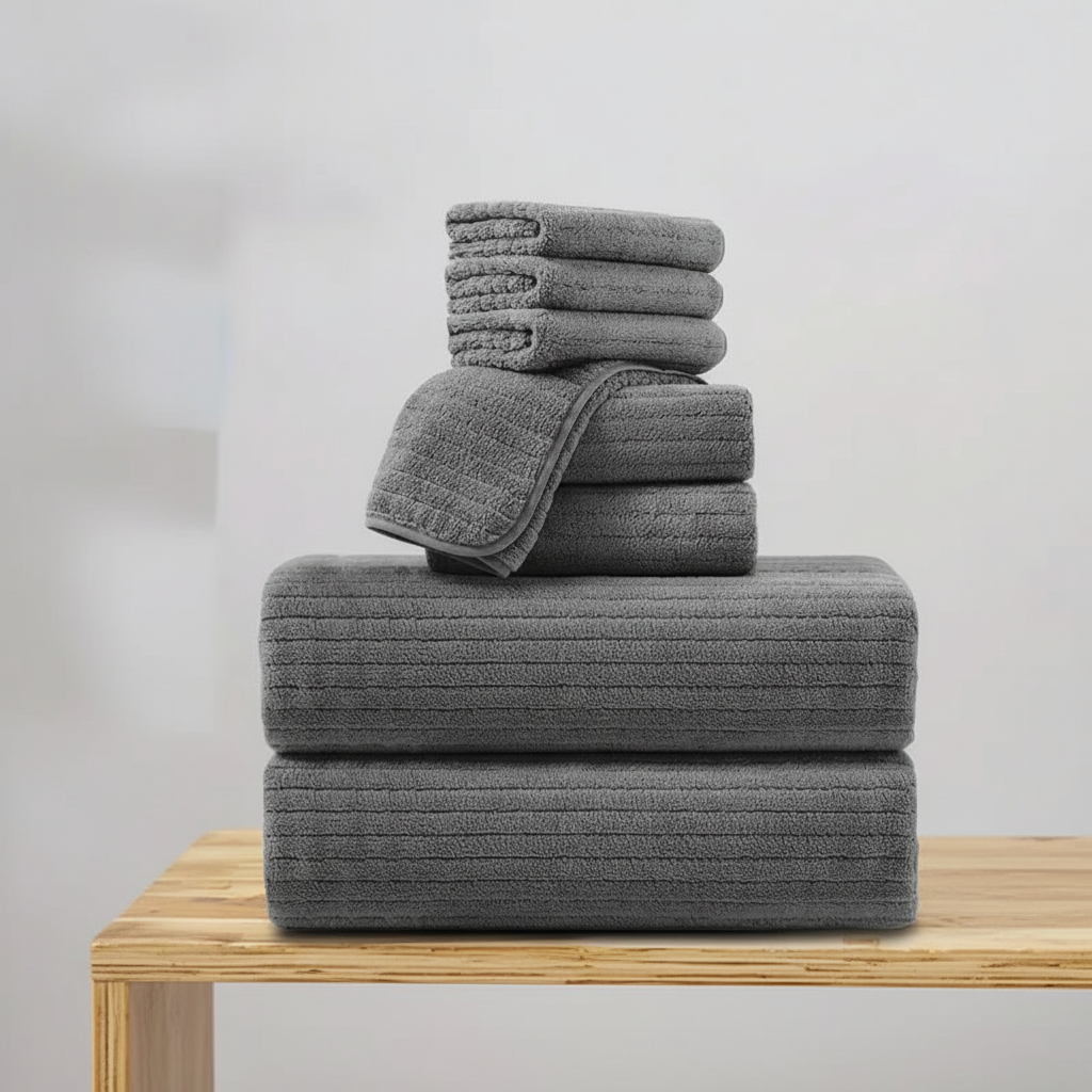 Stack of soft, absorbent quick-dry terry bath towels, ideal for daily use.