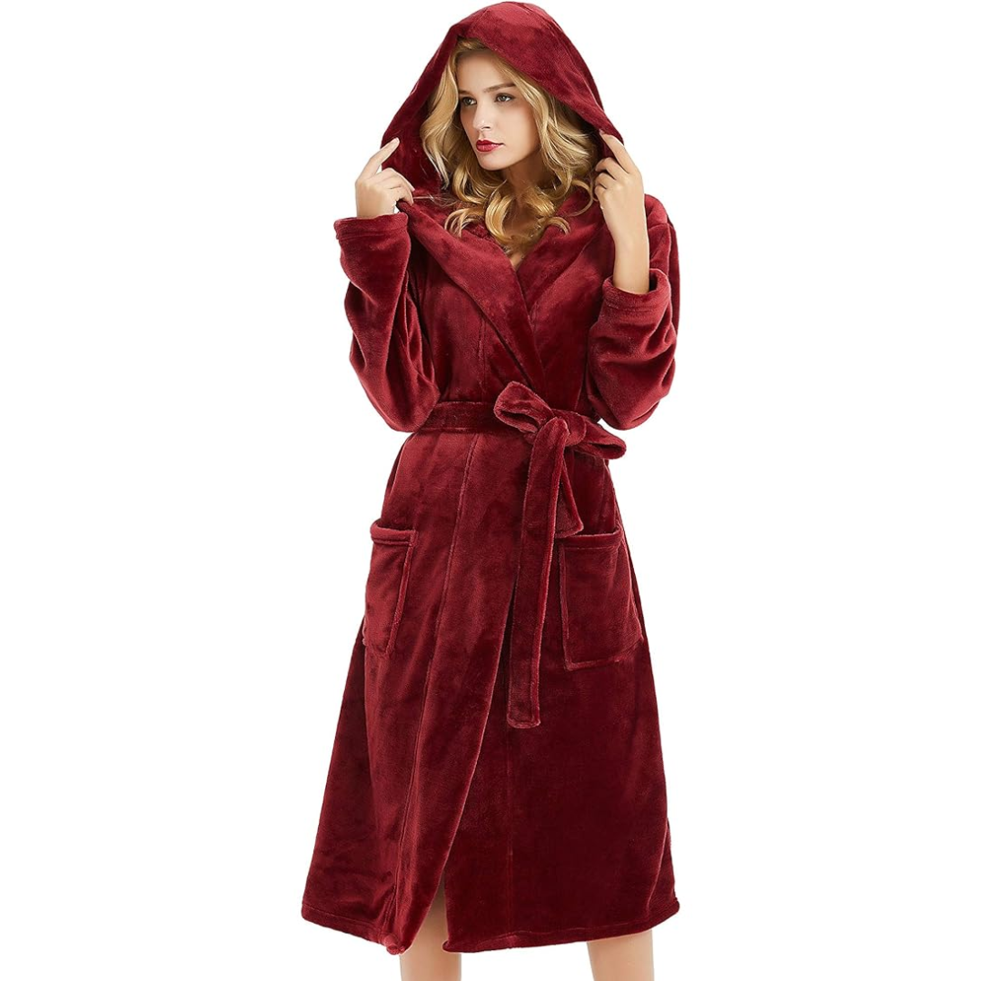 Close-up of the hood on a women's fleece bathrobe, emphasizing its cozy and warm design.