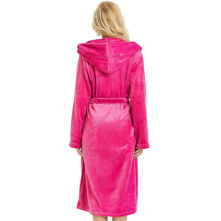 Women's fleece hooded bathrobe laid flat, displaying its full comfortable design and soft material.