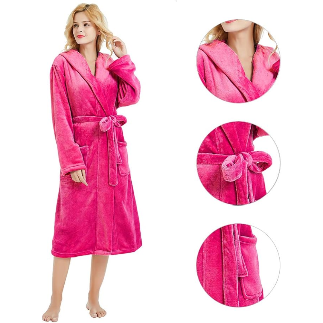 Relaxed fit black women's hooded fleece bathrobe, offering warmth and comfort as loungewear.