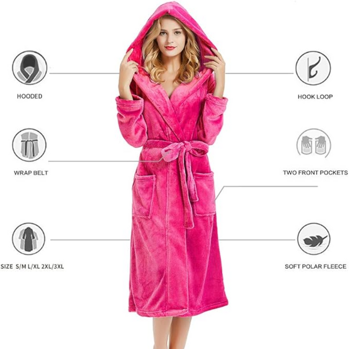 Women's hooded bathrobe with deep pockets in a cream fleece, practical and soft for everyday use.
