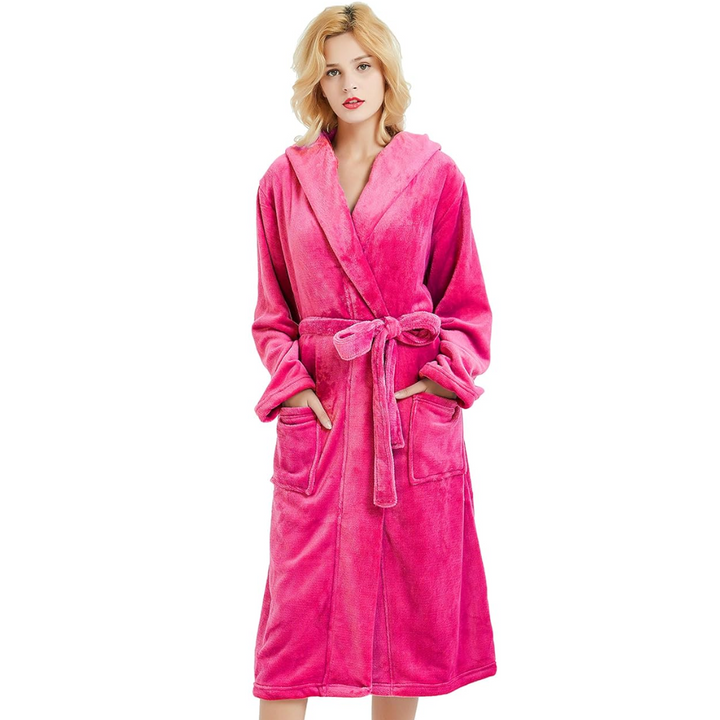 Soft textured women's fleece hooded bathrobe in a vibrant purple, ideal for cozy evenings.