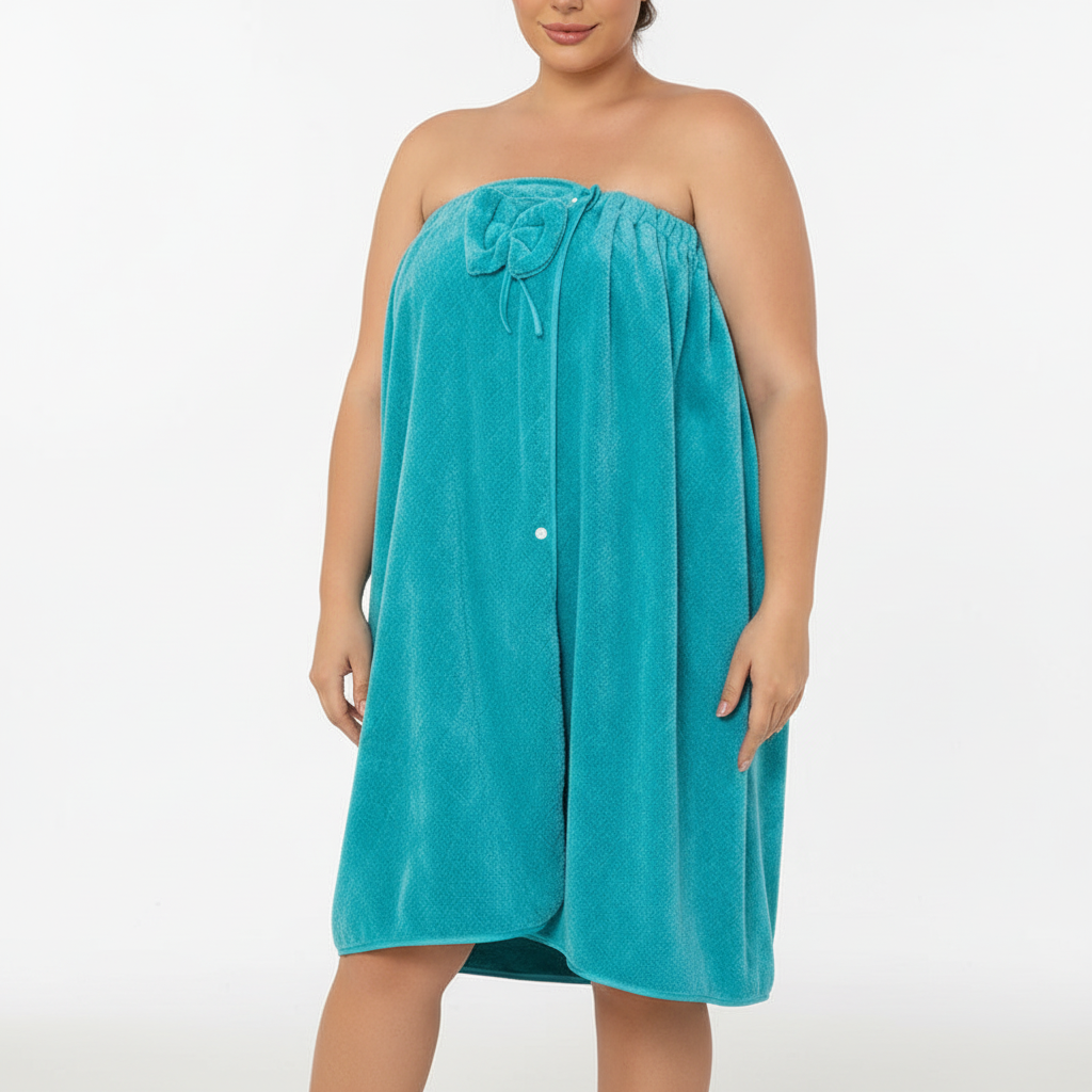 Soft women's thick plush bathrobe, absorbent loungewear with shower cap for post-bath comfort