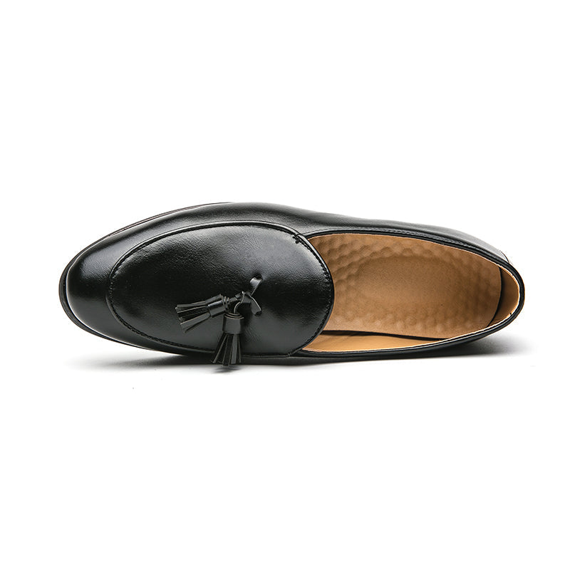 Versatile men's black tassel loafers, comfortable slip-on shoes for office, dinner & weddings.