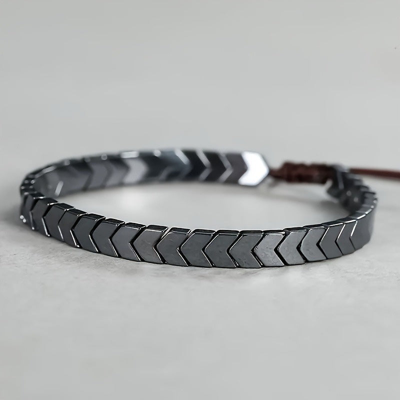 Unisex adjustable hematite beaded bracelet, natural polished stone. Perfect for men & women, spiritual jewelry.