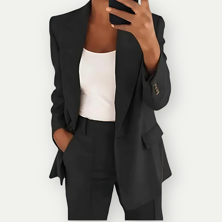 Versatile women's blazer suit set, ideal for business casual & formal wear. Stylish two-piece office outfit.