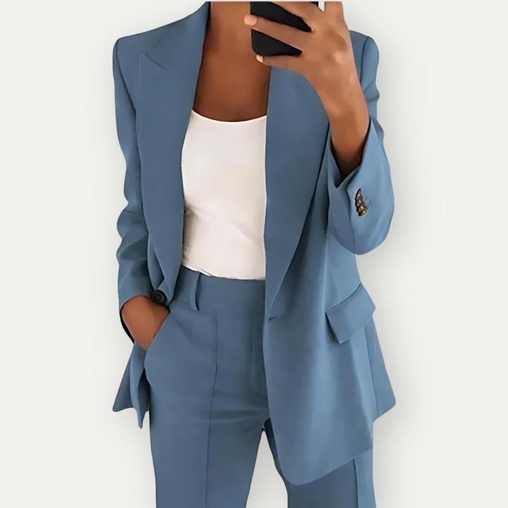 Women's versatile professional blazer suit set. Tailored two-piece outfit for office wear and business chic.