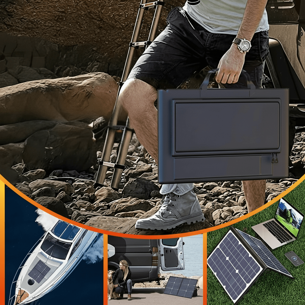 Compact 1000W portable solar charger, ideal for camping, RVs, and emergency power. USB-C and multi-port output.