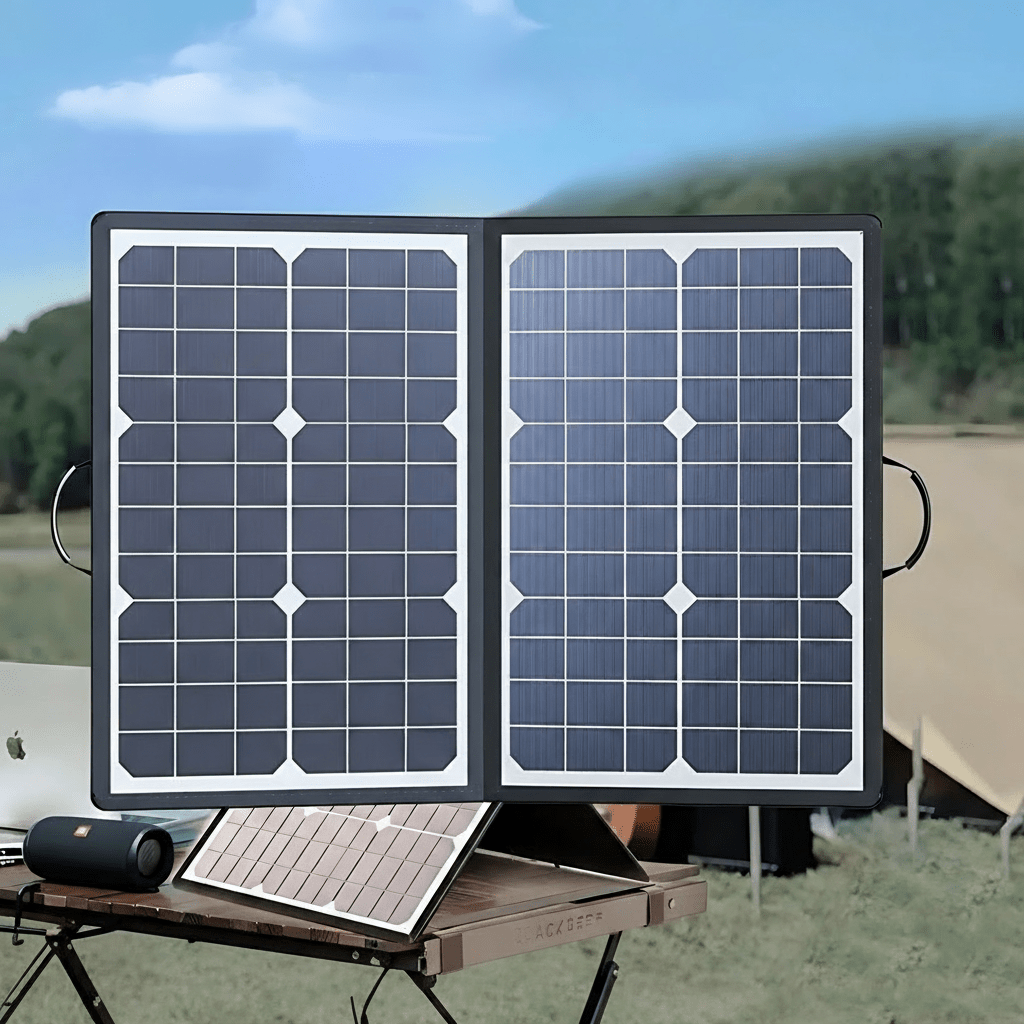 Foldable 1000W monocrystalline portable solar charger showing USB-C & multi-port outputs. Essential camping gadget.