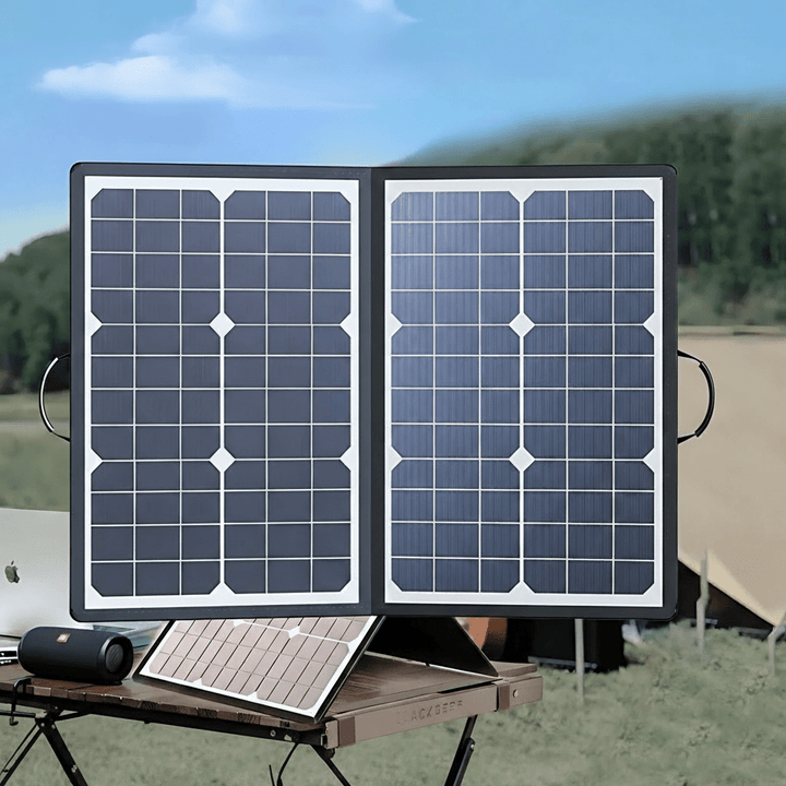 Foldable 1000W monocrystalline portable solar charger showing USB-C & multi-port outputs. Essential camping gadget.
