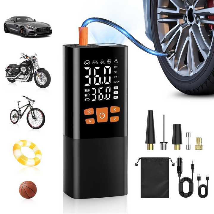 Portable 180 PSI tire inflator & air compressor with 25000mAh battery for car, bike & sports equipment.