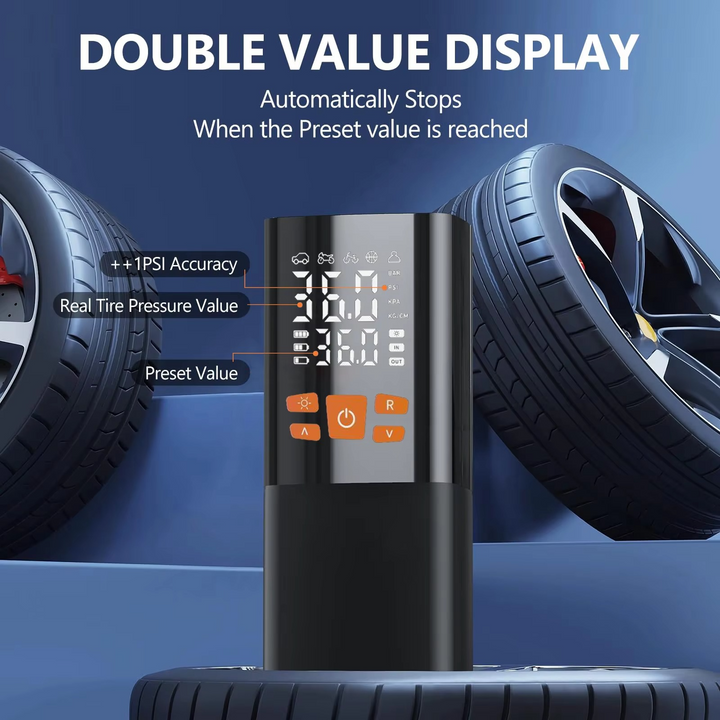 Cordless 180 PSI air compressor with digital display & 25000mAh rechargeable battery for vehicle tire inflation.