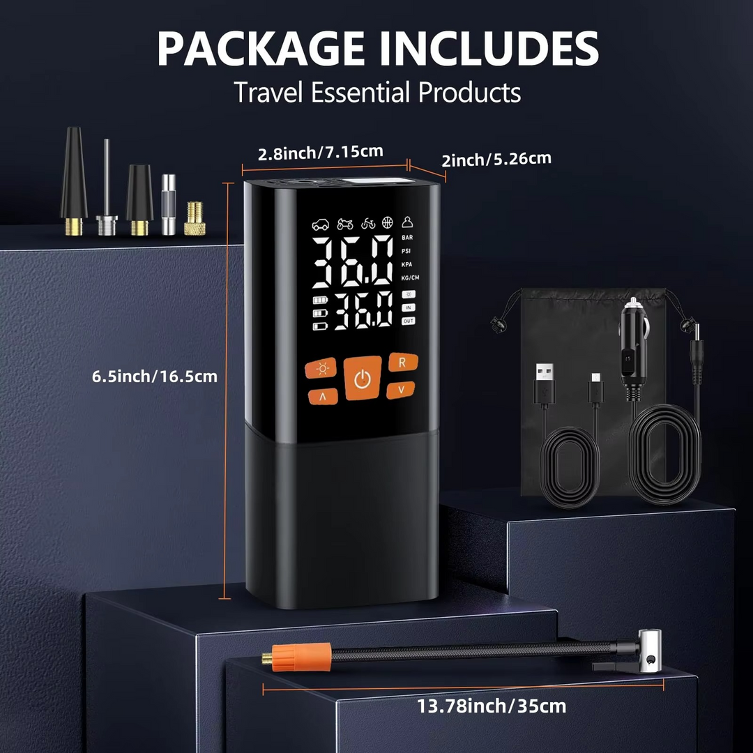 Powerful 25000mAh battery portable tire inflator & 180 PSI air compressor for emergency roadside assistance.