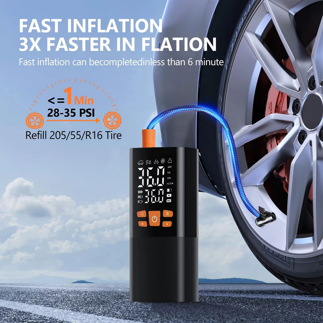 Digital 180 PSI tire inflator, 25000mAh battery. Cordless pump for car, motorcycle, bike & ball inflation.