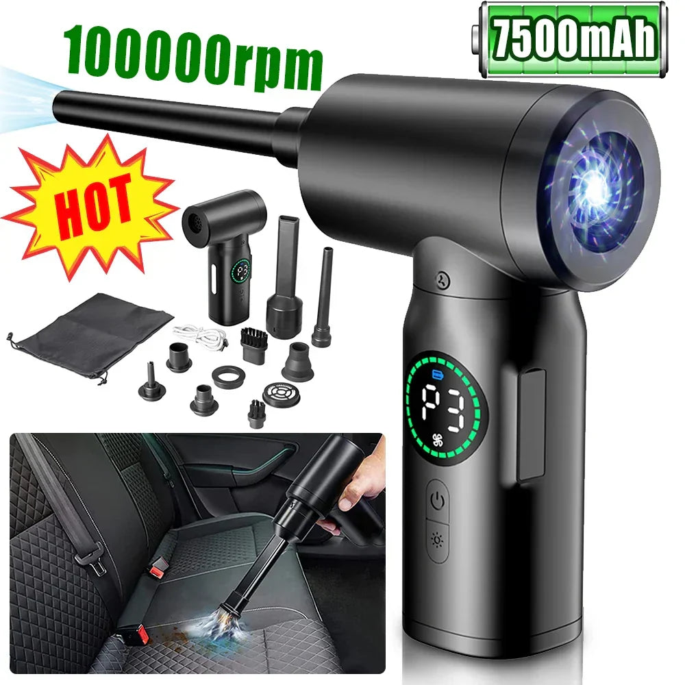 Compact rechargeable dust blower & vacuum for keyboard, car interiors & tight spaces.