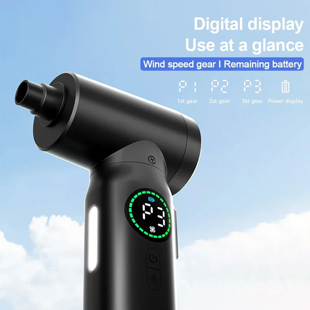 Powerful 2-in-1 portable dust blower and vacuum with integrated LED for detailed cleaning.