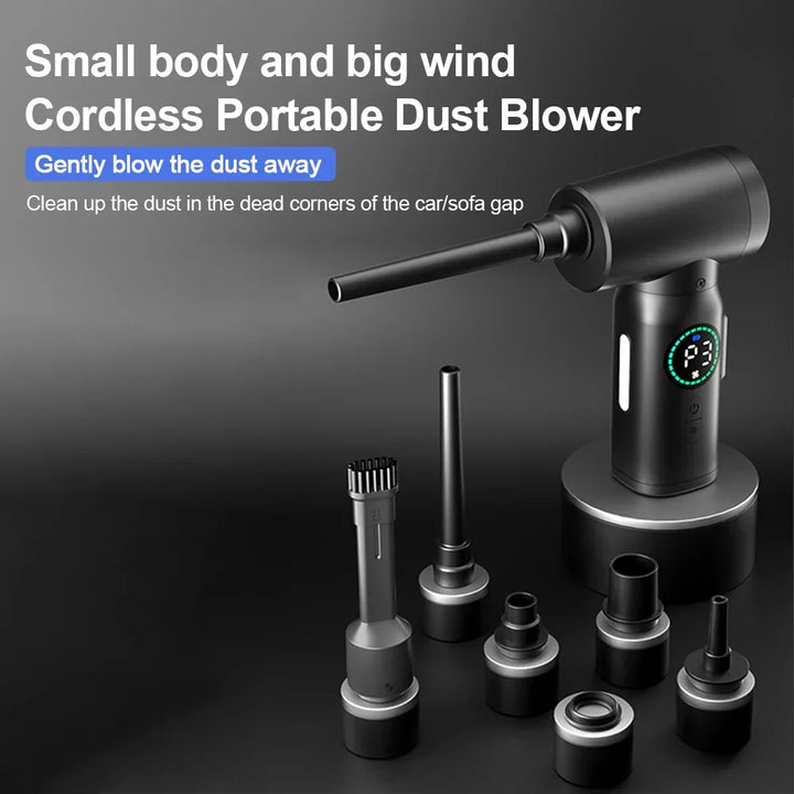 Handheld 2-in-1 dust blower & vacuum with LED, great for desks, cars, and general home cleaning.