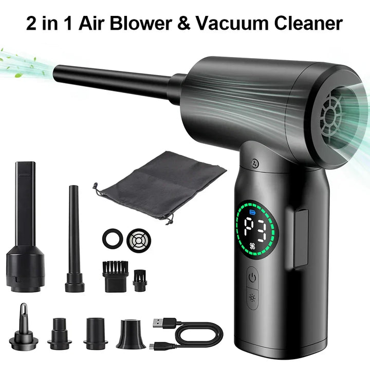 Efficient 2-in-1 portable cleaner: dust blower & vacuum with LED for precise car & home detailing.